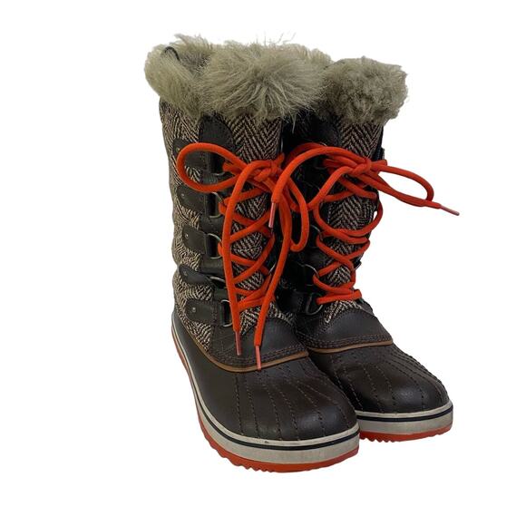 SOREL Herringbone Quilted Brown Winter Waterproof Boots Faux Fur Trim Lined 9us - Picture 7 of 9